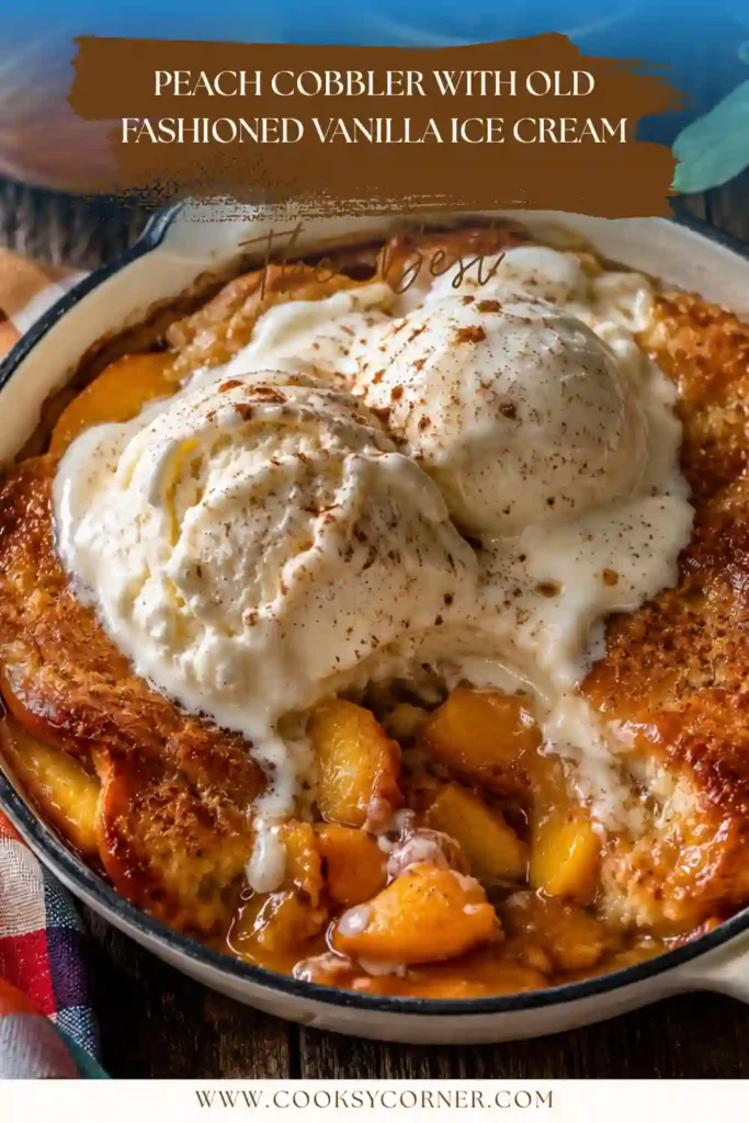 A serving of Peach Cobbler with vanilla ice cream in a rustic skillet garnished with cinnamon.