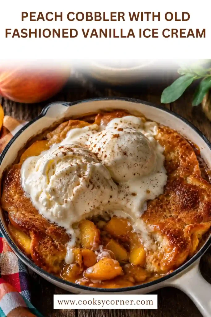 Fresh Peach Cobbler topped with a scoop of old fashioned vanilla ice cream and sprinkled with cinnamon.