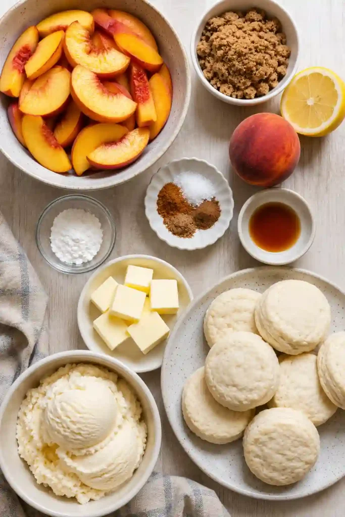 Close-up of Peach Cobbler with Old Fashioned Vanilla Ice Cream showing juicy peaches and golden biscuits.
