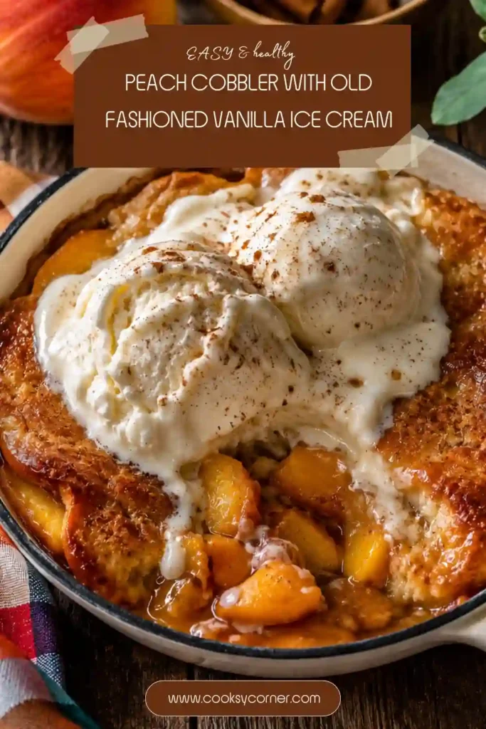 Peach Cobbler with Old Fashioned Vanilla Ice Cream served warm in a cast-iron skillet with golden biscuit topping and fresh peach slices.