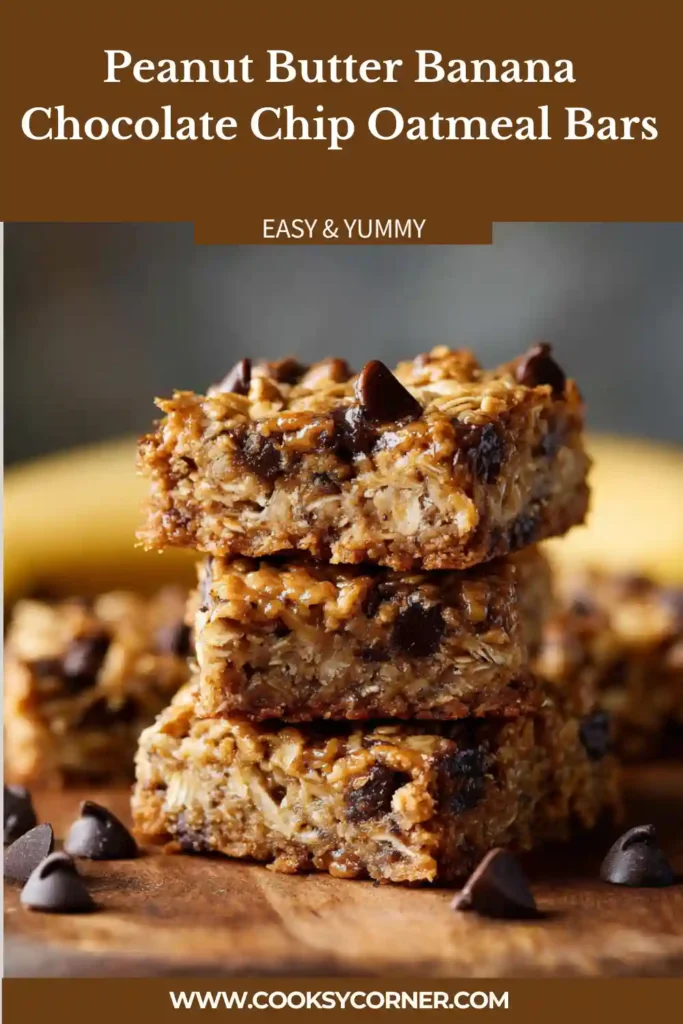 Freshly baked chocolate chip oatmeal bars made with peanut butter and ripe bananas. The bars have a soft, chewy texture and golden edges.