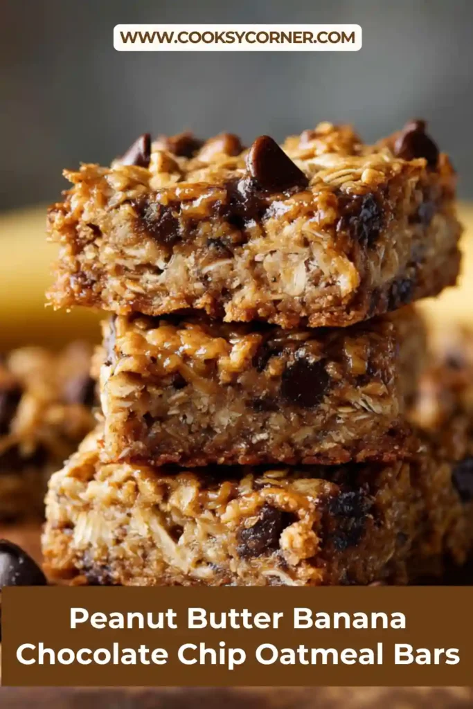 Homemade peanut butter banana oatmeal bars sliced into squares and arranged for serving. These healthy snack bars feature chocolate chips and hearty oats.