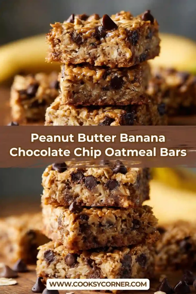 A stack of Peanut Butter Banana Chocolate Chip Oatmeal Bars on a wooden serving board. The bars are filled with oats, ripe bananas, and melted chocolate chips.
