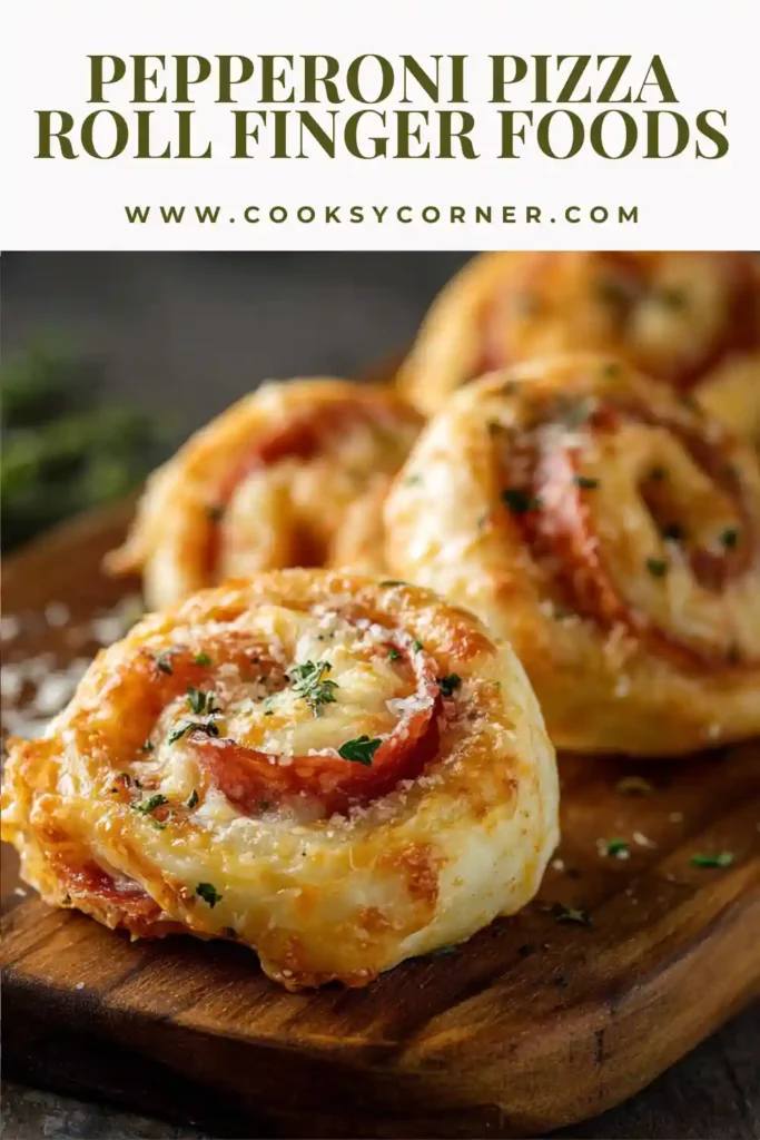 Freshly baked cheesy pizza rolls served as party finger foods. Each bite-sized roll features layers of pizza sauce, mozzarella, and pepperoni.