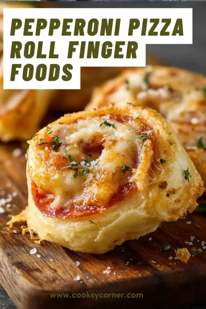 Golden-brown pizza roll finger foods arranged on a serving platter with marinara dipping sauce. The rolls are filled with melted cheese and pepperoni.