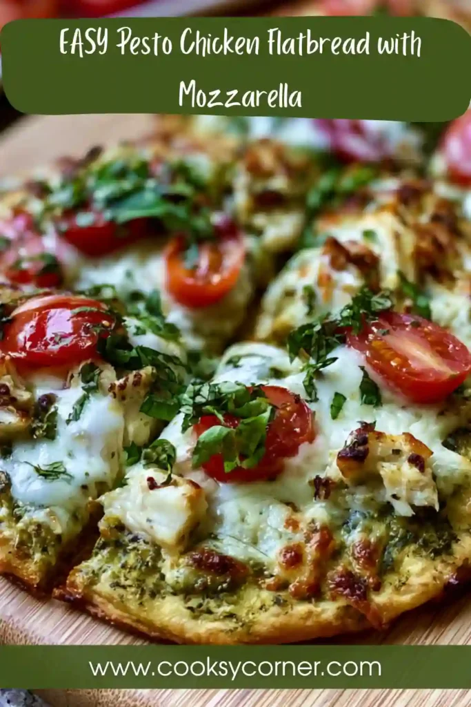 Freshly baked Pesto Chicken Flatbread topped with melted mozzarella cheese, cherry tomatoes, and basil leaves. This easy flatbread dinner is golden, cheesy, and packed with vibrant pesto flavor.