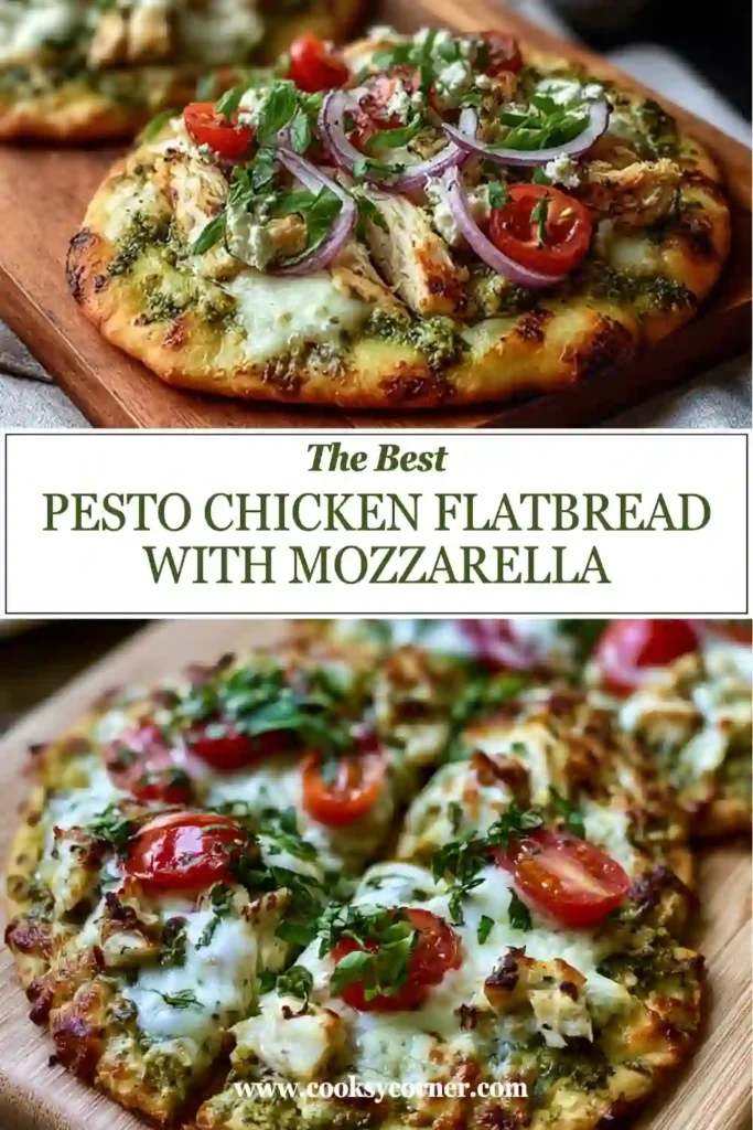 Homemade chicken flatbread pizza with pesto sauce, mozzarella, cherry tomatoes, and red onion. A quick and easy weeknight dinner baked until perfectly crisp.