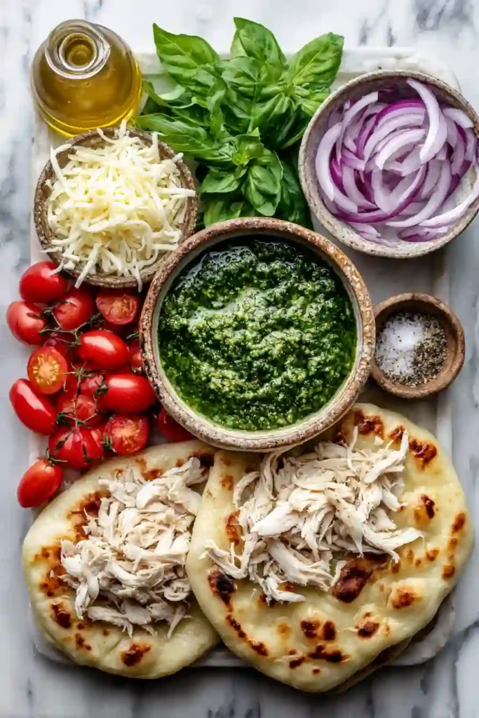 Pesto Chicken Flatbread sliced and served warm with basil garnish and cherry tomatoes. An easy mozzarella flatbread recipe for lunch, dinner, or entertaining.