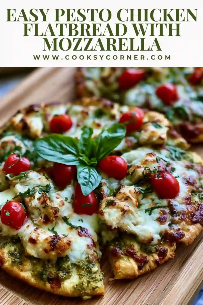 Crispy naan flatbread topped with basil pesto, shredded chicken, mozzarella cheese, and fresh basil. Perfect for a fast family dinner or appetizer.
