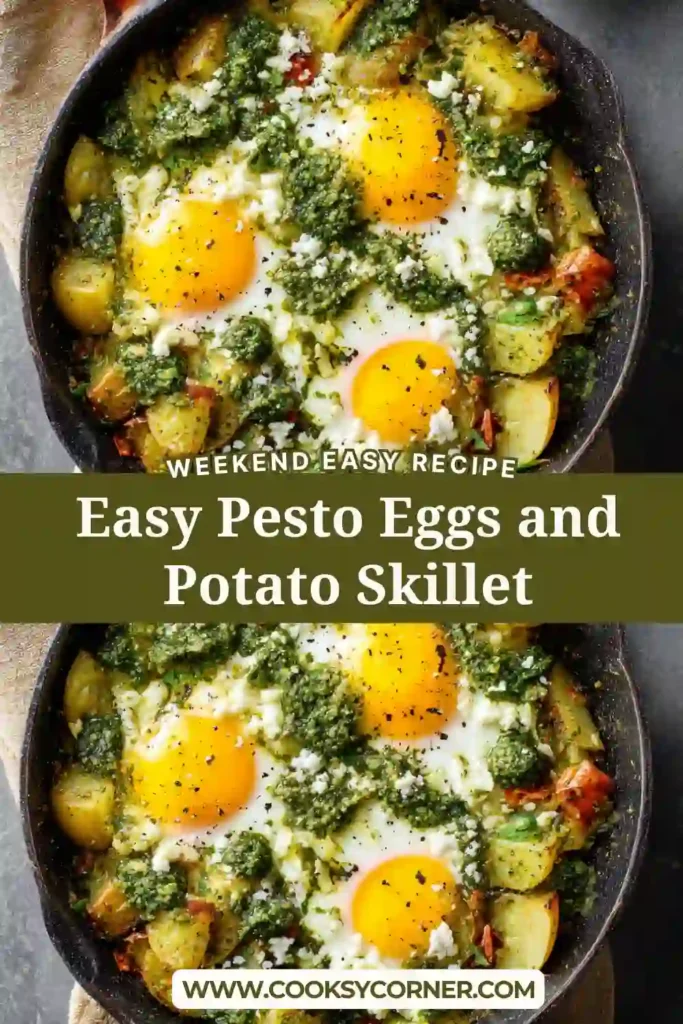 Vegetarian breakfast skillet with eggs, potatoes, red peppers, kale, and feta cheese.