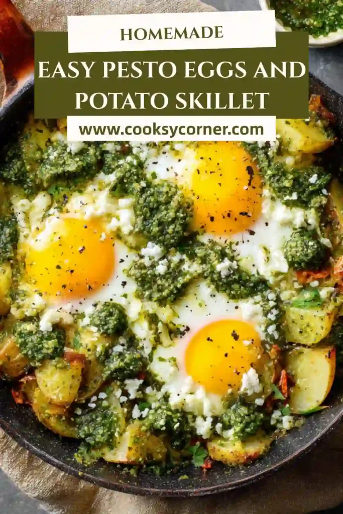 Pesto Eggs and Potato Skillet featuring crispy potatoes, kale, eggs, and basil pesto cooked in a cast iron pan.
