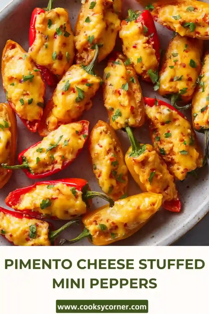 Freshly baked mini peppers stuffed with cheddar cheese, cream cheese, and pimentos. Served warm with chopped chives.