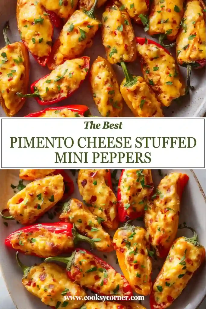 Pimento Cheese Stuffed Mini Peppers arranged on a serving platter with melted cheddar cheese and fresh herbs. A perfect party appetizer.
