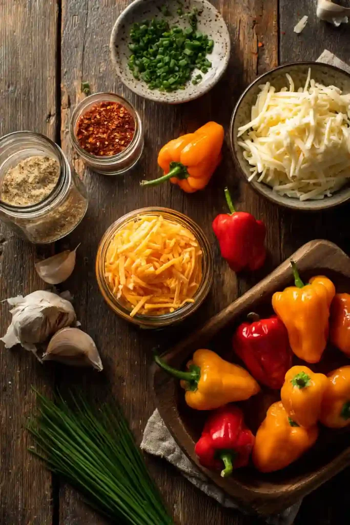 Golden baked mini sweet peppers topped with melted cheese and garnished with fresh chives. Ideal for parties and holiday spreads.
