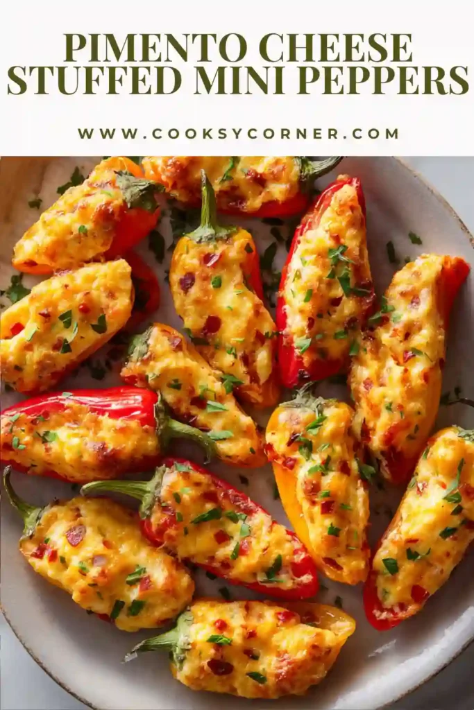 Colorful mini sweet peppers filled with creamy pimento cheese and baked until golden and bubbly. Garnished with fresh chives for an elegant appetizer presentation.