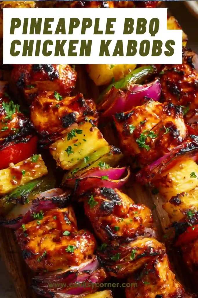 Homemade Pineapple BBQ Chicken Kabobs served on a platter after grilling. Tender chicken and caramelized pineapple create a delicious combination.