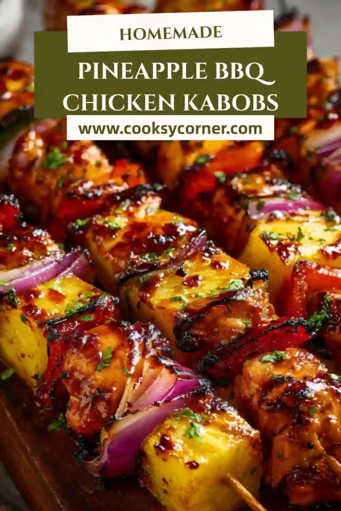 Grilled Pineapple BBQ Chicken Kabobs loaded with juicy chicken, sweet pineapple chunks, and colorful bell peppers. These skewers are glazed with barbecue sauce and cooked until perfectly charred.