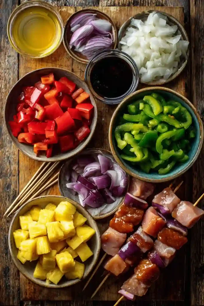 Colorful barbecue chicken skewers with pineapple and vegetables grilled to perfection. A healthy and family-friendly outdoor cooking favorite.