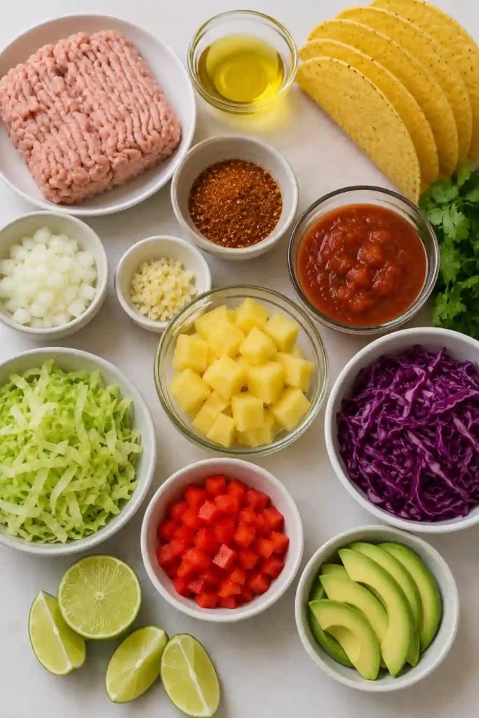 Close-up of homemade Pineapple Turkey Tacos served with fresh cilantro and sliced avocado.