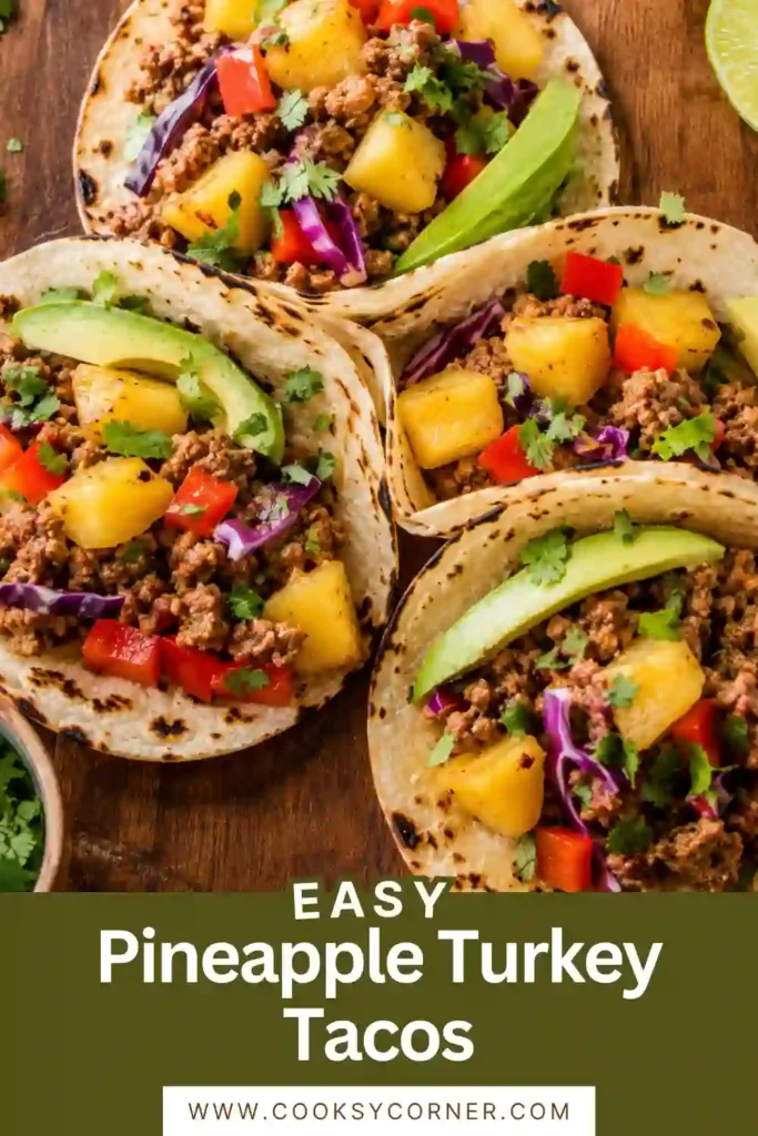 Healthy ground turkey tacos topped with pineapple salsa, avocado, cabbage, cilantro, and fresh lime.