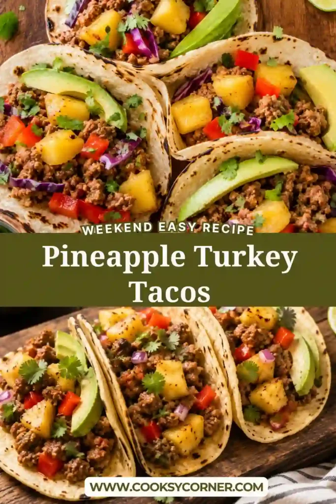 Fresh Pineapple Turkey Tacos filled with seasoned ground turkey, diced pineapple, shredded lettuce, red cabbage, avocado slices, cilantro, and lime wedges served in crispy taco shells.