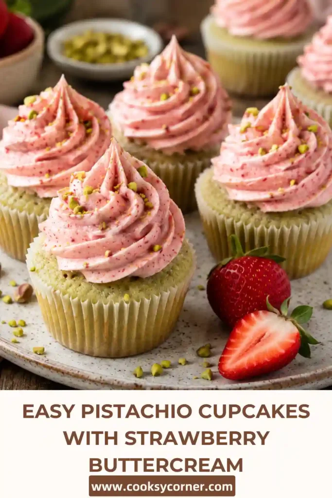 Freshly baked Pistachio Cupcakes with Strawberry Buttercream topped with crushed pistachios and strawberry slices. These moist cupcakes feature a fluffy texture and vibrant pink frosting.