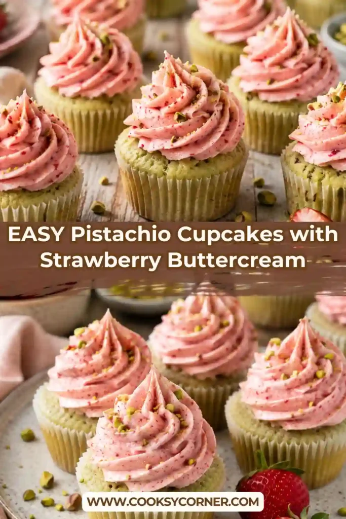 Homemade pistachio cupcakes decorated with creamy strawberry buttercream frosting. The cupcakes are garnished with real pistachio crumbs for added texture and flavor.