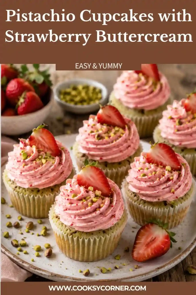 A batch of Pistachio Cupcakes with Strawberry Buttercream displayed on a serving tray. The colorful frosting and crunchy pistachio topping create an elegant dessert presentation.
