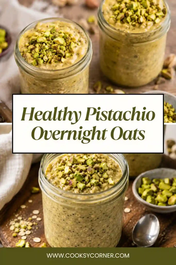 Creamy Pistachio Overnight Oats made with almond milk, chia seeds, and vanilla protein powder. A healthy meal prep breakfast served in a glass jar with crunchy pistachio topping.