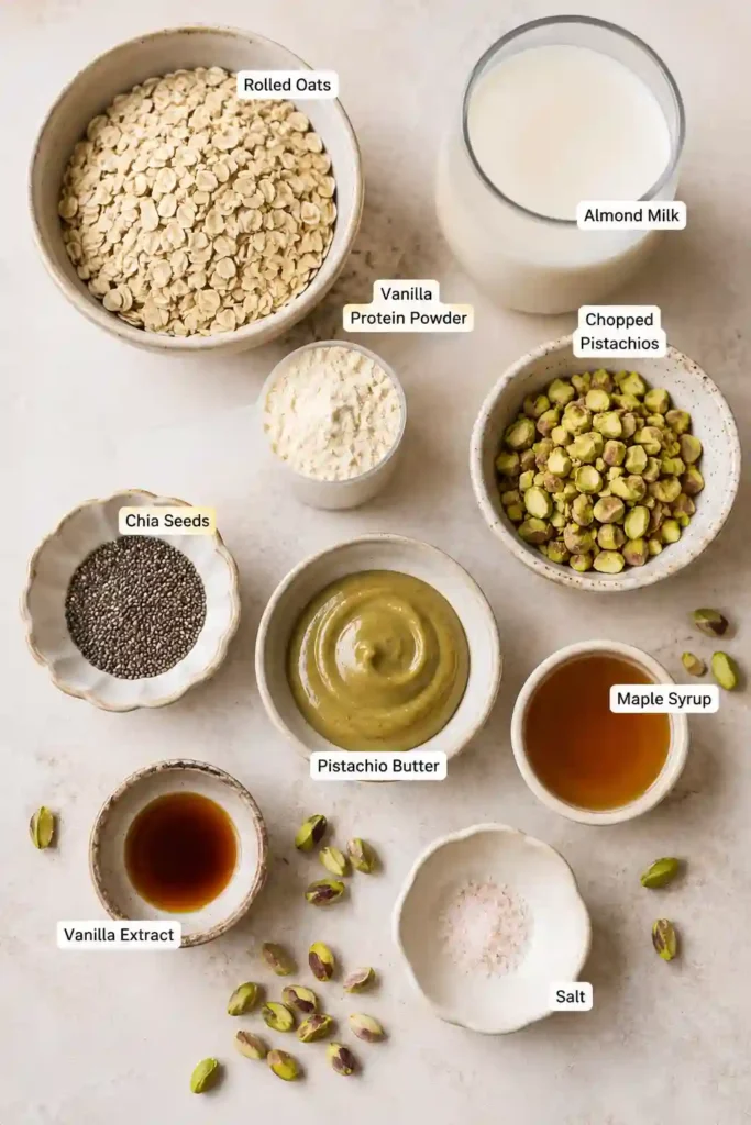 Protein-packed Pistachio Overnight Oats in a mason jar topped with chopped nuts and nut butter. A delicious and creamy overnight oats recipe ideal for meal prep.