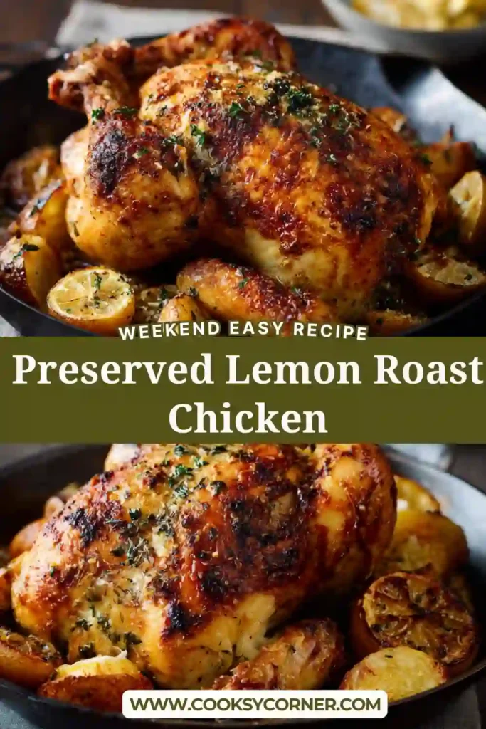 Preserved lemon chicken carved and served with spiced potatoes on a rustic dinner table.