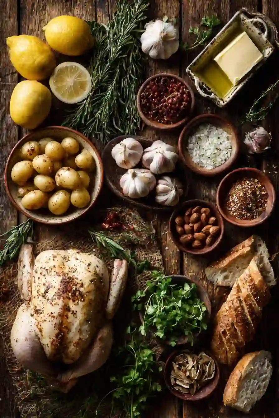 Golden roast chicken garnished with fresh herbs and accompanied by Mediterranean-style potatoes.