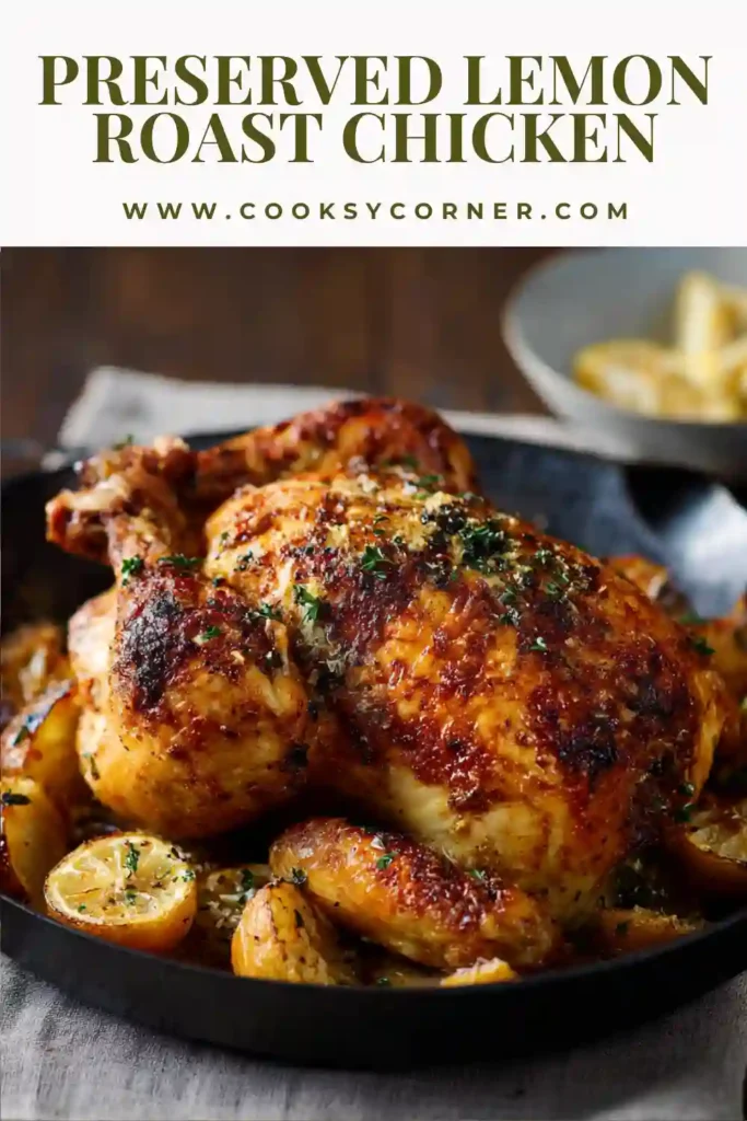 Roasted whole chicken with crispy skin resting on a serving platter surrounded by crushed potatoes and parsley.
