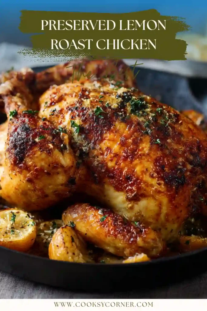 Whole preserved lemon roast chicken with crispy golden skin served alongside crushed spiced potatoes and fresh parsley.