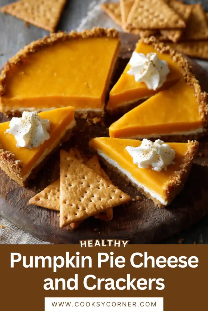 Thanksgiving appetizer platter featuring Pumpkin Pie Cheese and Crackers arranged in a festive display. Each bite resembles a miniature pumpkin pie slice with a whipped topping effect.