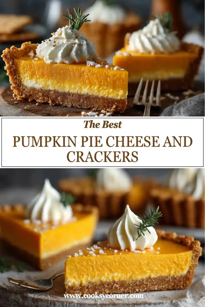 Pumpkin Pie Cheese and Crackers displayed on a holiday serving tray for Thanksgiving. The appetizer features crunchy crackers, cheddar cheese, and piped cream cheese topping.
