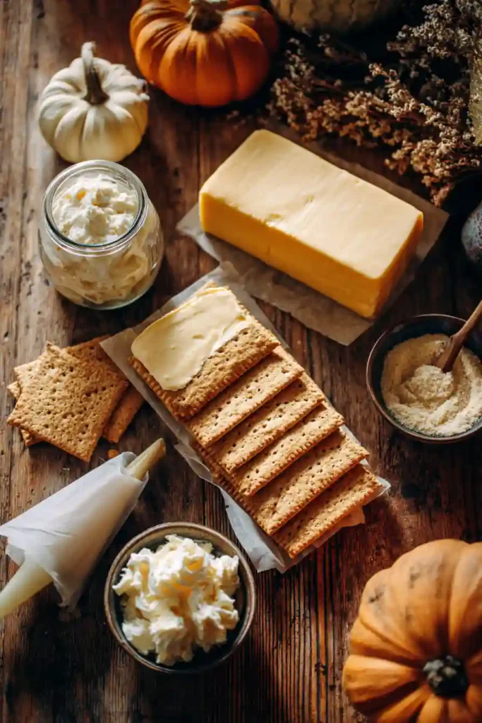A platter of Pumpkin Pie Cheese and Crackers arranged to resemble miniature pumpkin pie slices. Creamy cheese topping and sharp cheddar create a festive Thanksgiving appetizer perfect for fall entertaining.