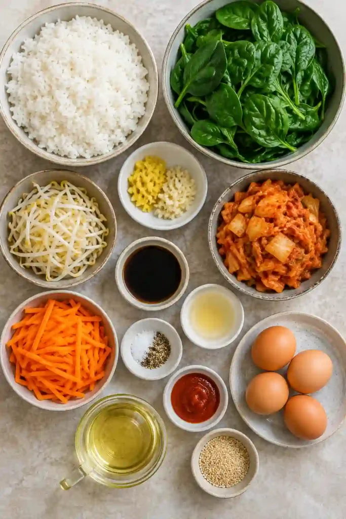 Fresh homemade Quick Bibimbap served with jasmine rice, sautéed spinach, bean sprouts, carrots, kimchi, sesame seeds, and Sriracha in a modern ceramic bowl.
