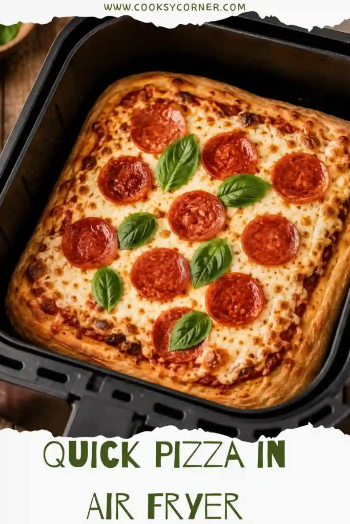 Freshly baked Pizza in Air Fryer topped with melted mozzarella cheese, halal beef pepperoni, and chopped basil on a crispy golden crust.
