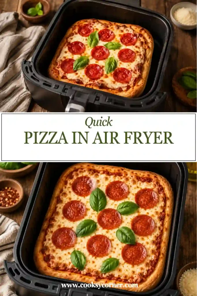 Homemade Pizza in Air Fryer with bubbling mozzarella, rich pizza sauce, halal beef pepperoni, and fresh basil served on a wooden cutting board.
