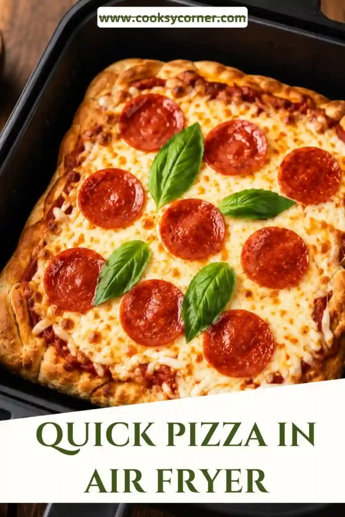 Golden crispy Pizza in Air Fryer featuring stretchy mozzarella cheese, flavorful halal beef pepperoni, and vibrant basil garnish.