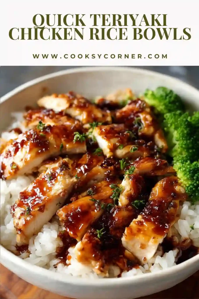 Chicken rice bowl topped with teriyaki sauce and steamed broccoli.