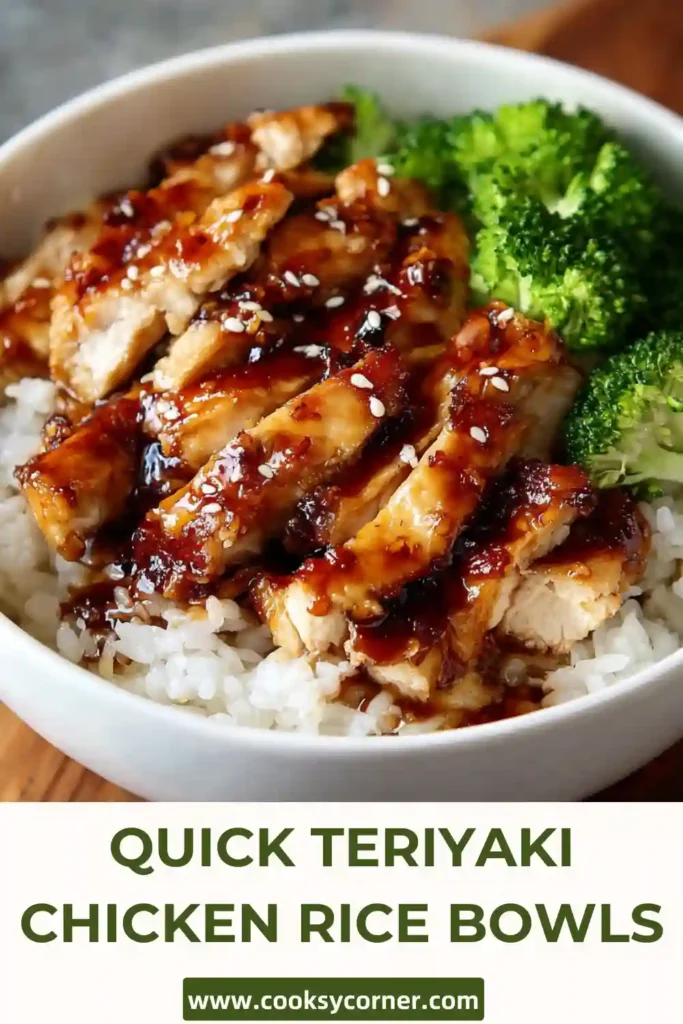 Quick Teriyaki Chicken Rice Bowls with broccoli and homemade teriyaki glaze.