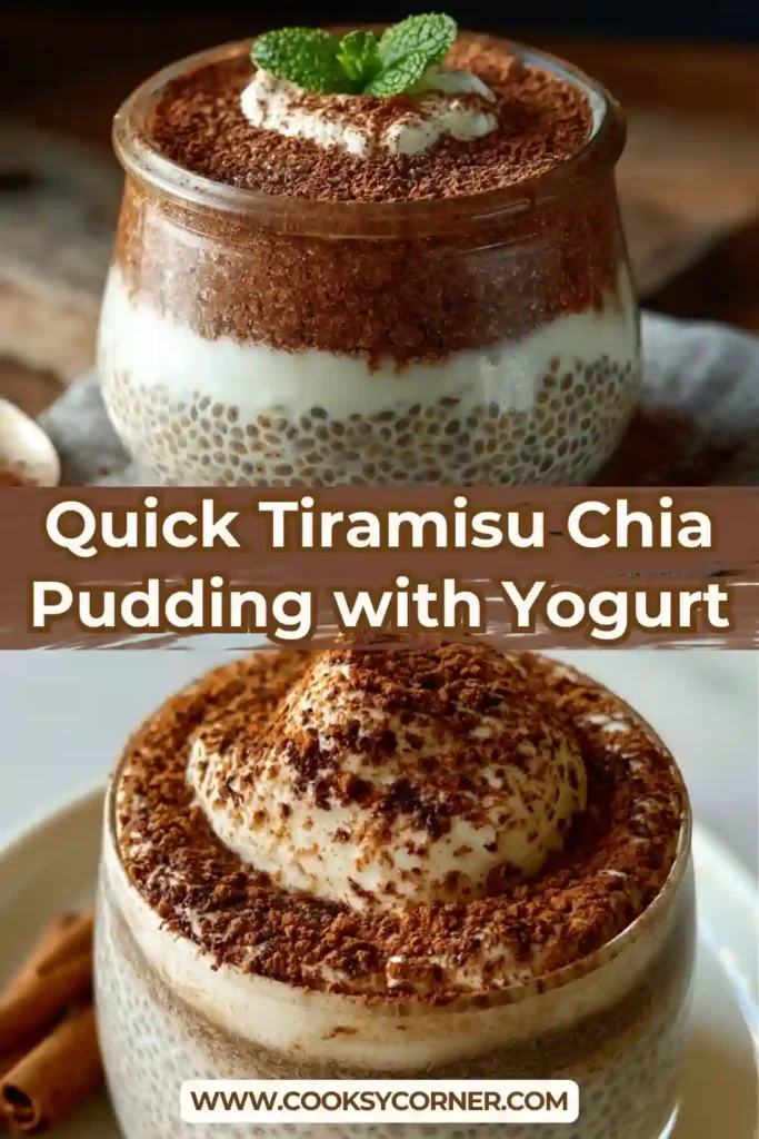 Healthy tiramisu chia pudding made with Greek yogurt, chia seeds, and espresso in a serving jar. This protein-packed breakfast offers a smooth texture and rich coffee flavor.