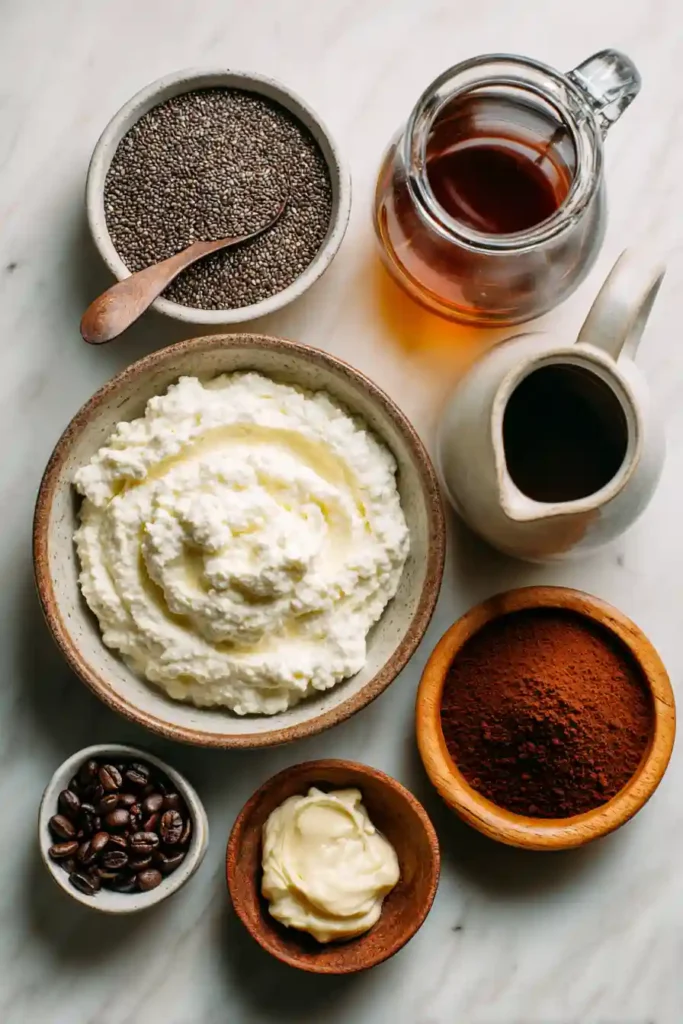 Quick Tiramisu Chia Pudding with Yogurt prepared in a mason jar and garnished with cocoa powder. The nutritious breakfast showcases layers of creamy chia pudding and yogurt.