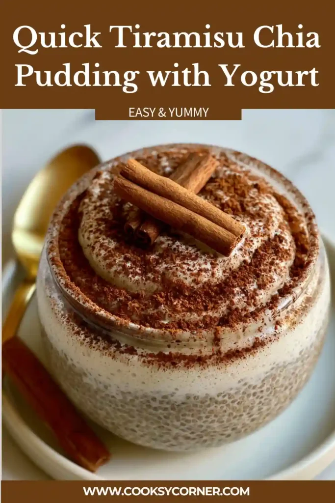Overnight chia pudding with Greek yogurt and coffee served in a small glass bowl. The pudding is finished with cocoa powder for an authentic tiramisu-inspired appearance.