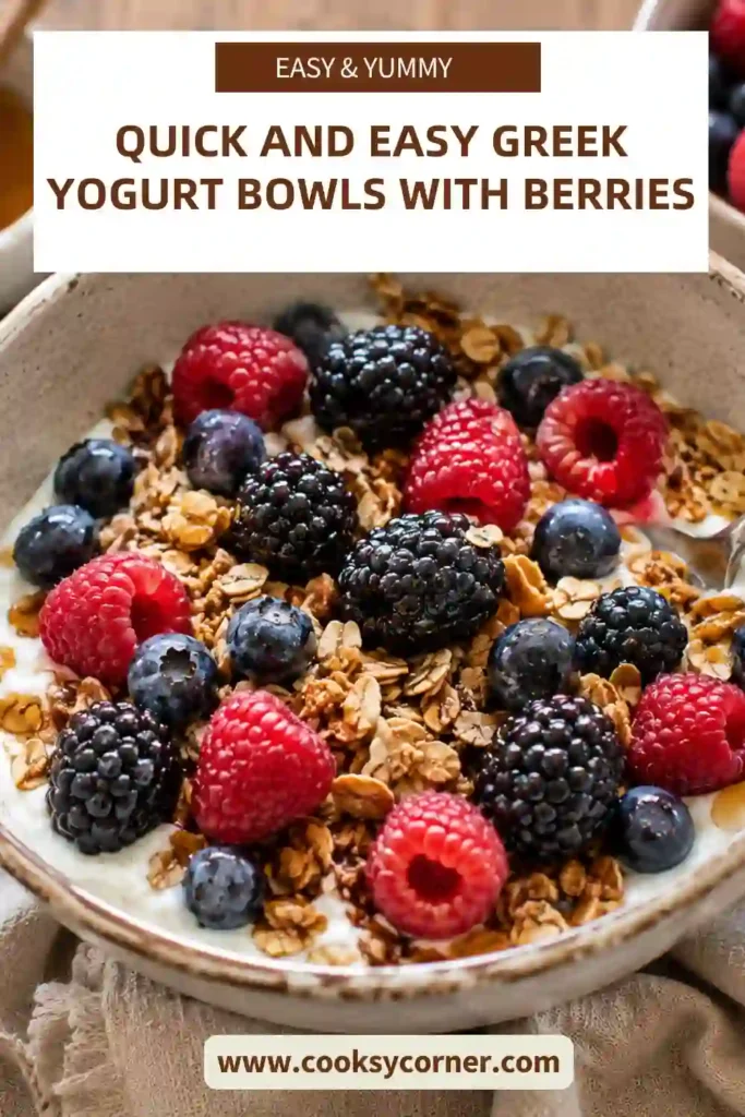Healthy Greek yogurt breakfast bowl filled with mixed berries and granola, served in a white ceramic bowl.