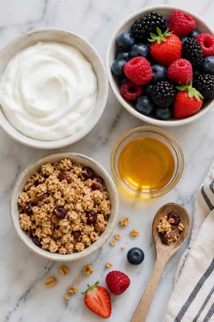 Fresh berry yogurt bowl made with Greek yogurt, granola, and honey for a nutritious breakfast.