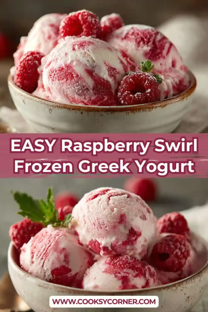 Scoops of Raspberry Swirl Frozen Greek Yogurt in a parfait glass with fresh raspberries. The frozen dessert has a smooth texture and vibrant fruit ribbons.