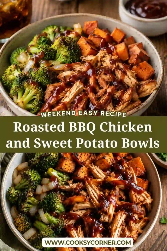 A hearty bowl filled with shredded BBQ chicken, roasted sweet potatoes, broccoli, and onions. This healthy meal prep bowl is colorful, flavorful, and packed with protein.